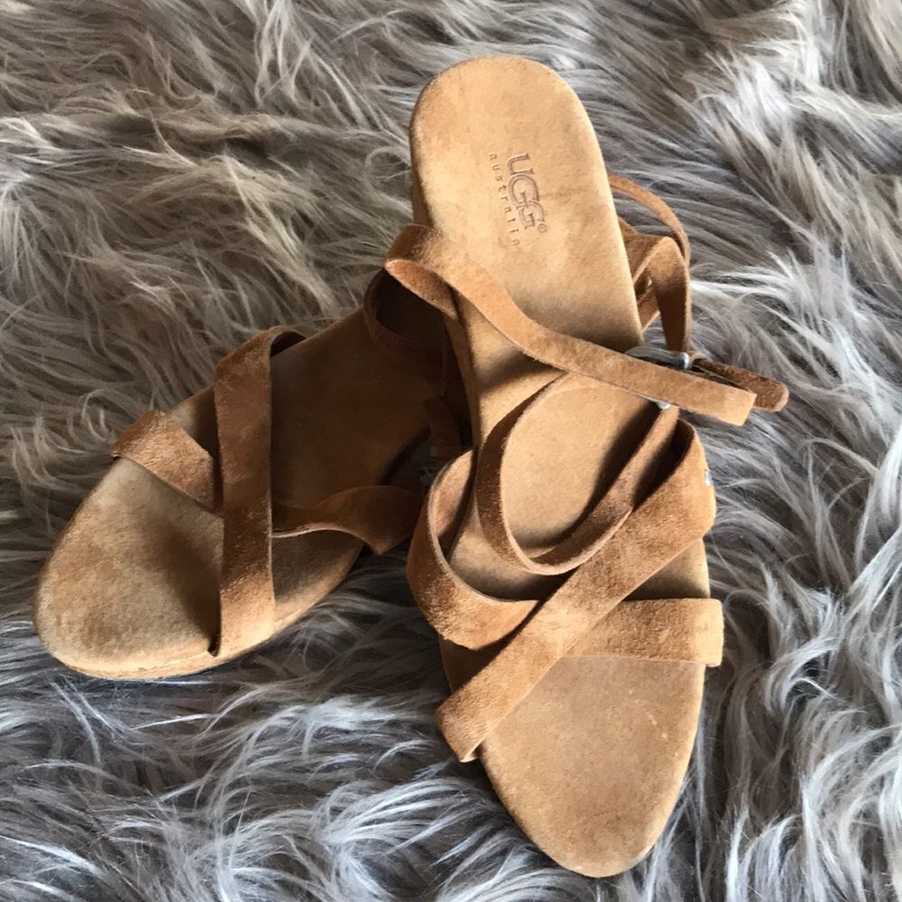 UGG Strappy leather sandals wedge heel 7 brown